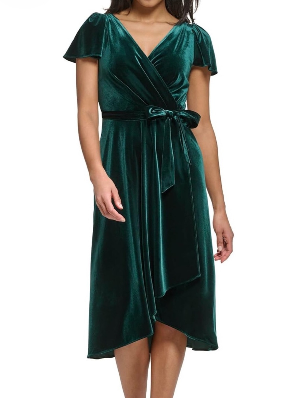 DKNY Velvet Wrap Midi Dress with Tie Waist